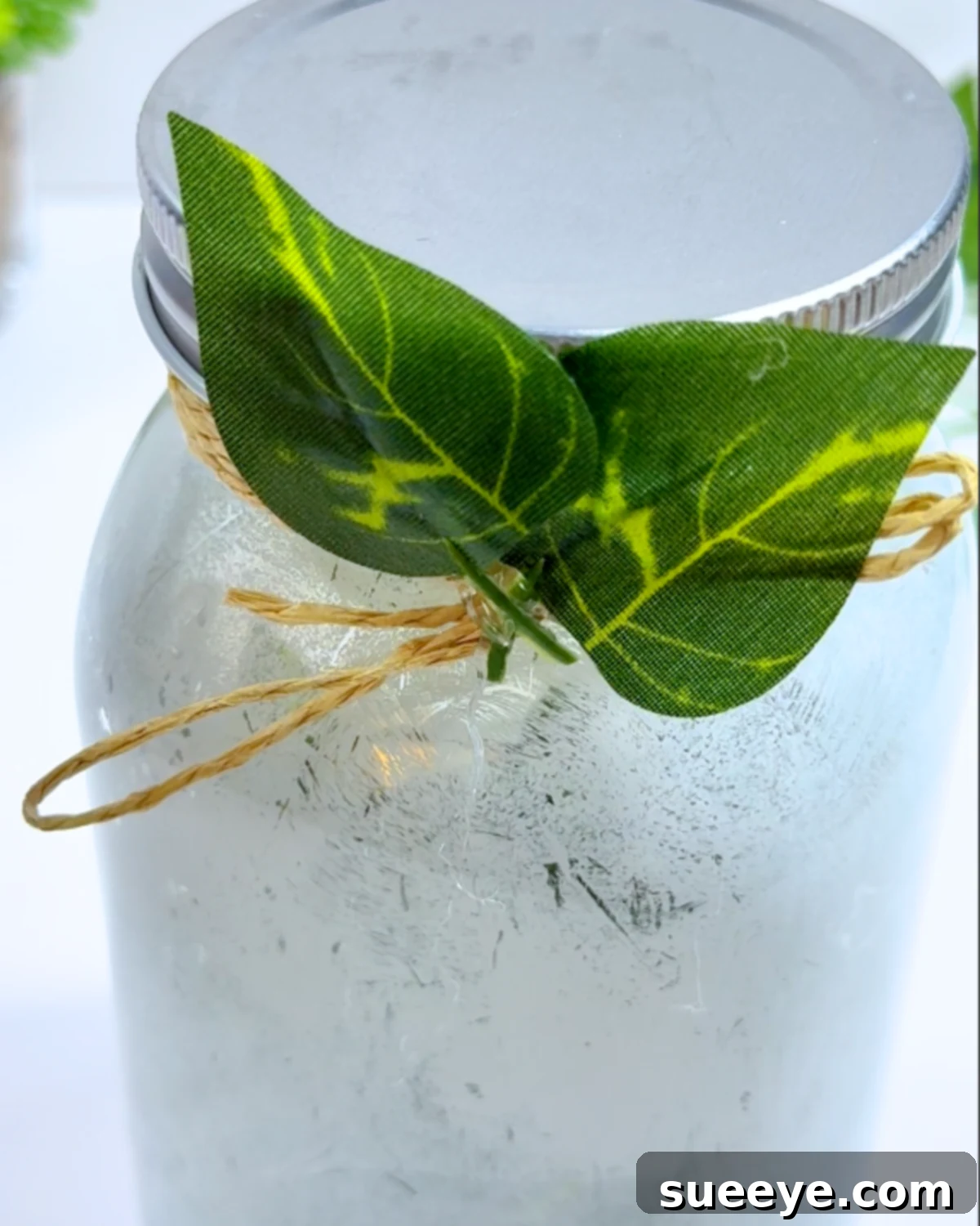 Magical DIY Fairy Lantern 6 DIY Mason Jar Lamp Tutorial - Shows wrapping twine around the jar's neck and adding decorative leaves.