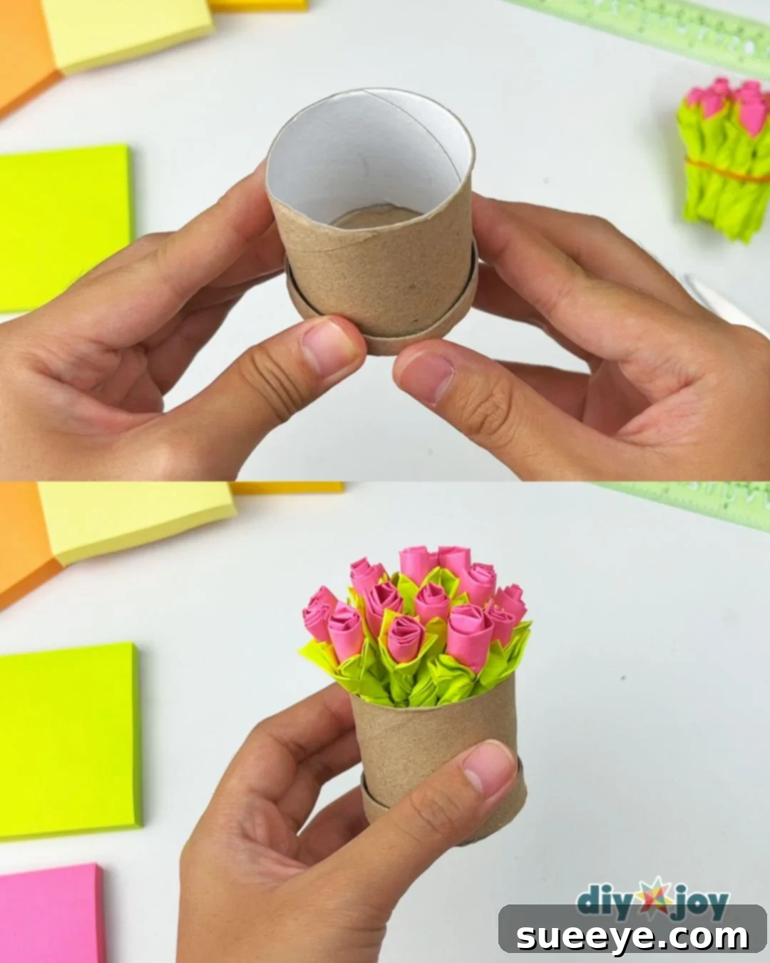 Steps for adding a supporting cardboard strip to the box and securely placing the paper flower bouquet inside