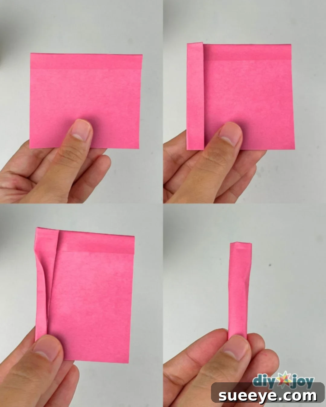 Detailed process of rolling a sticky note to form the initial petal structure for a paper rose