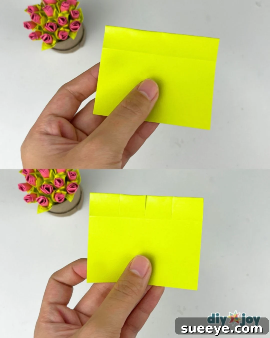 Method for folding and cutting a green sticky note into four equal parts to create leaves