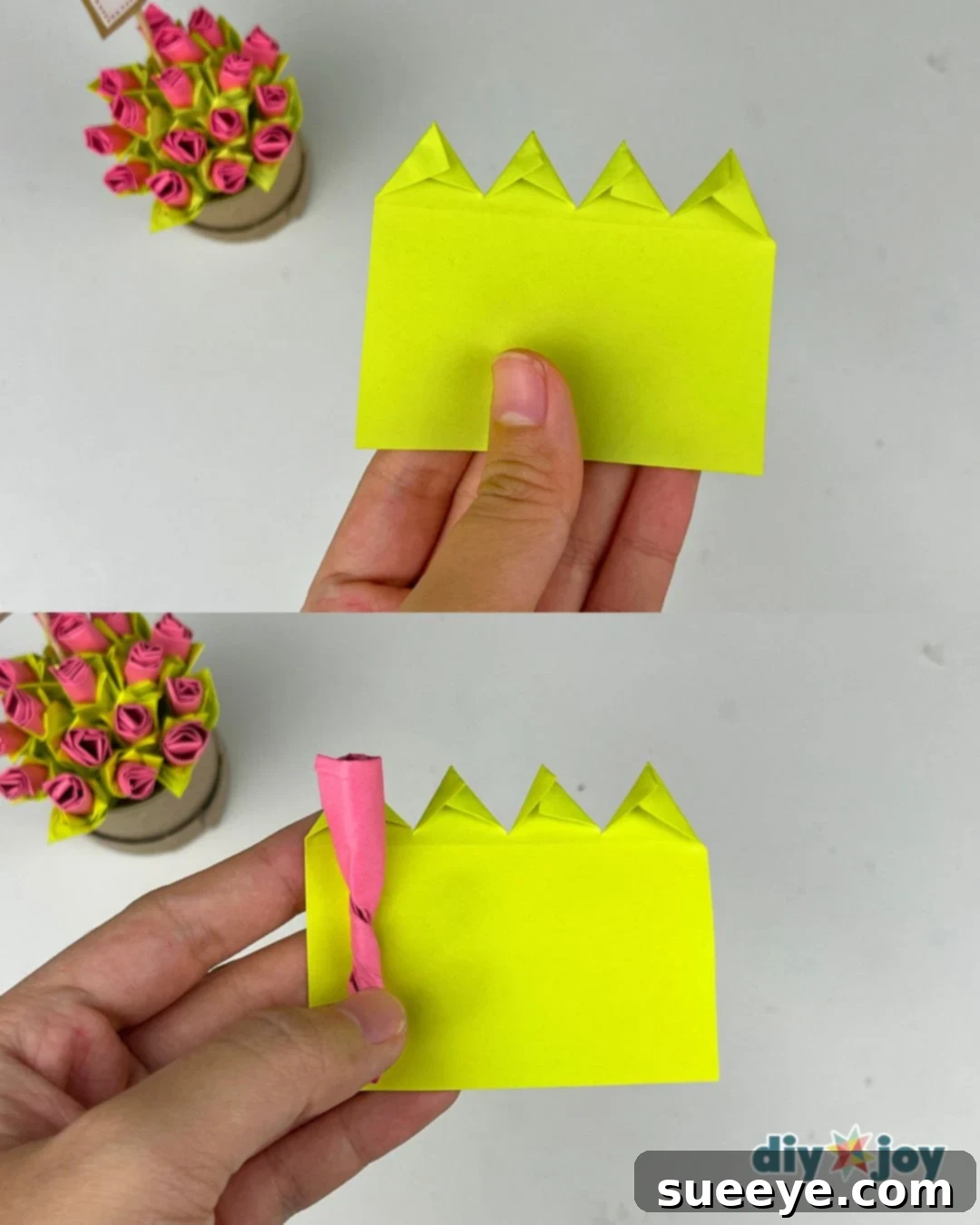 Steps for folding green sticky note strips into pointed leaves and attaching them to the paper rose base