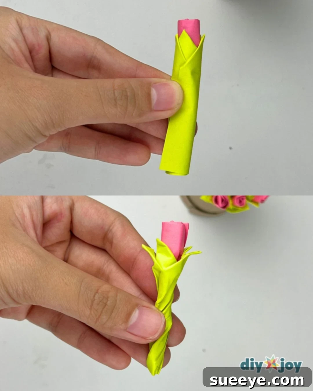 Final steps of wrapping the paper rose with green sticky notes, twisting the base, and shaping the leaves