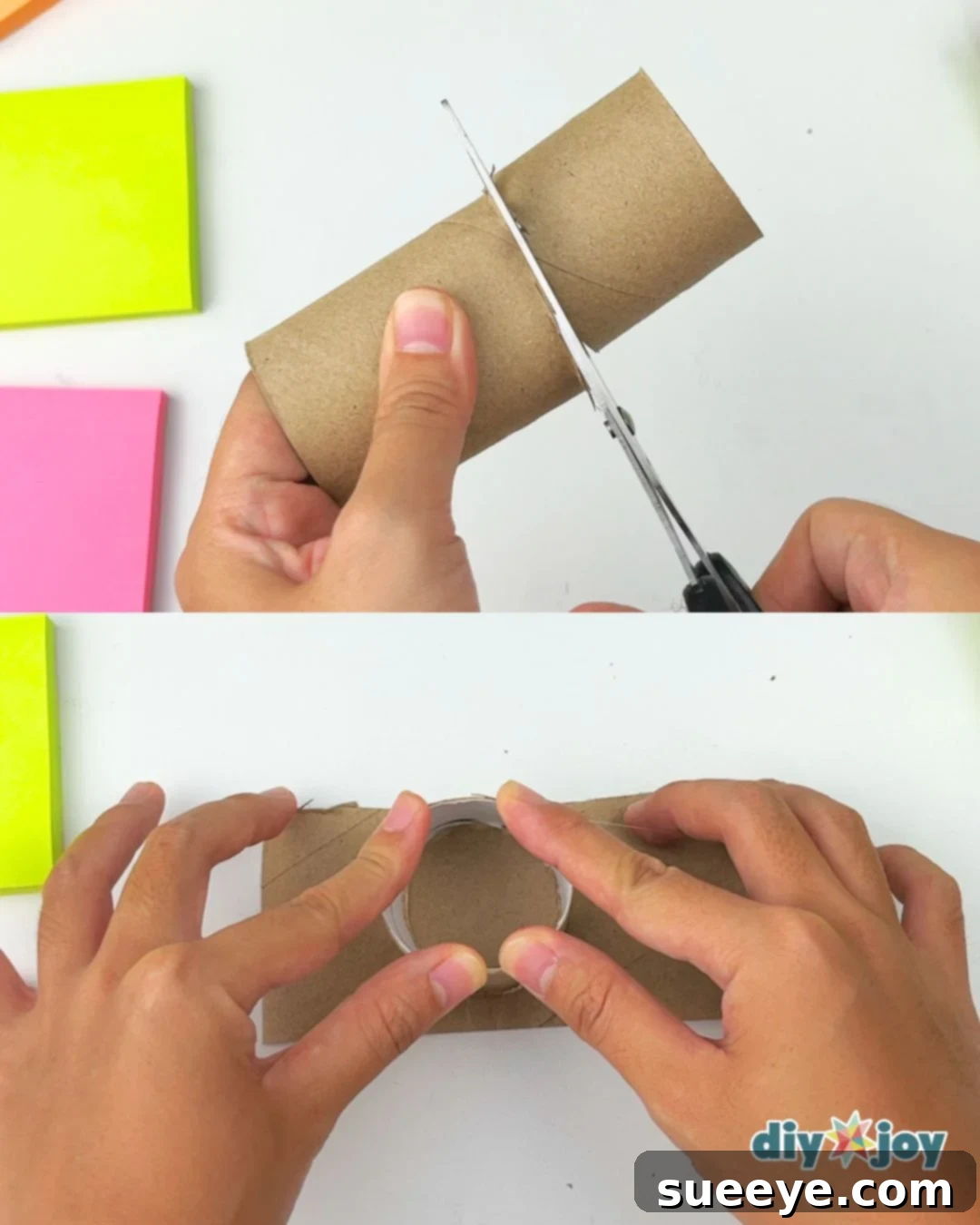 Detailed process of cutting a toilet paper roll and gluing it to cardboard to create a circle box for the bouquet