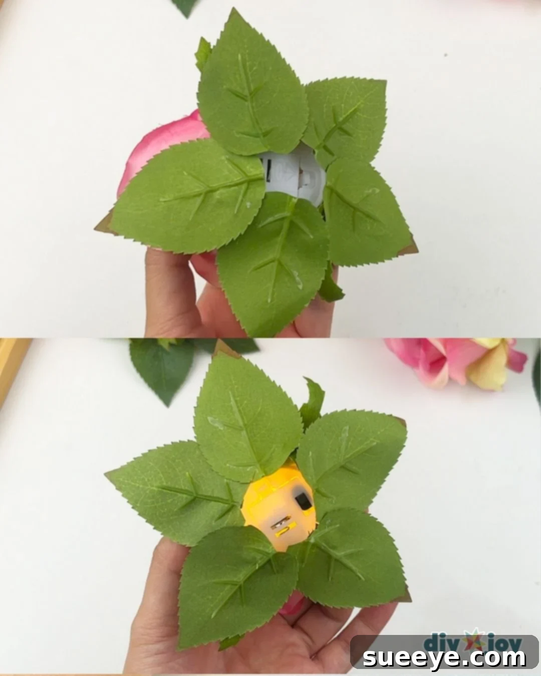 Gluing large leaves at the base of the flower candle decor and trimming as needed