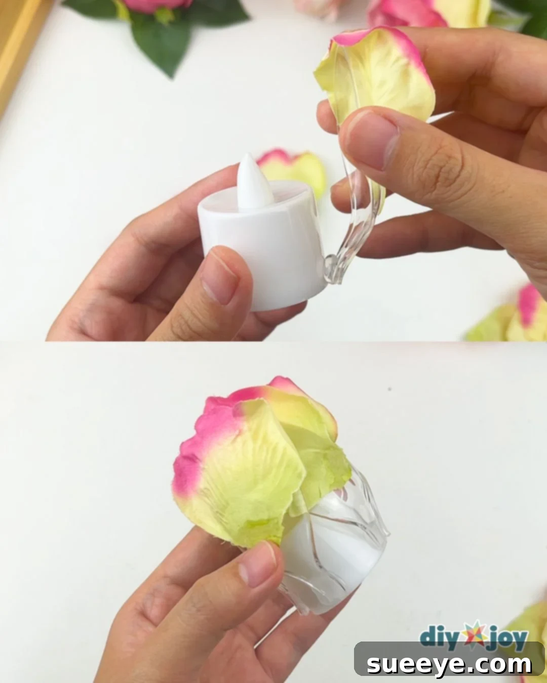 Hot gluing petal-adorned spoons around a battery-operated tea light candle