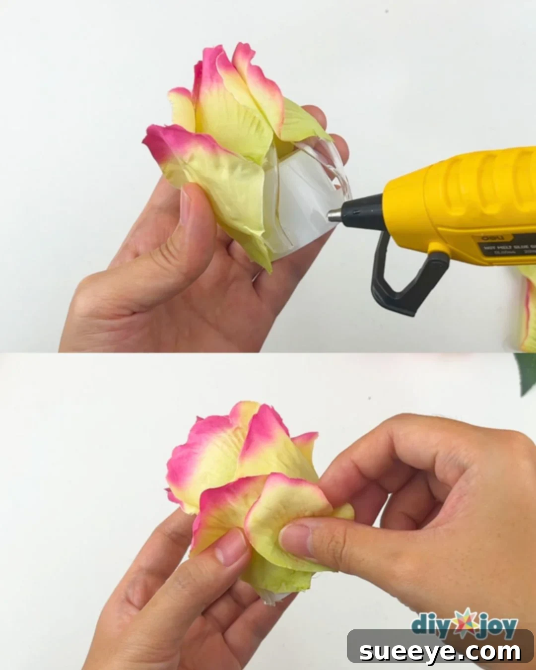Gluing additional yellow petals to the bottom of the flower light for fullness