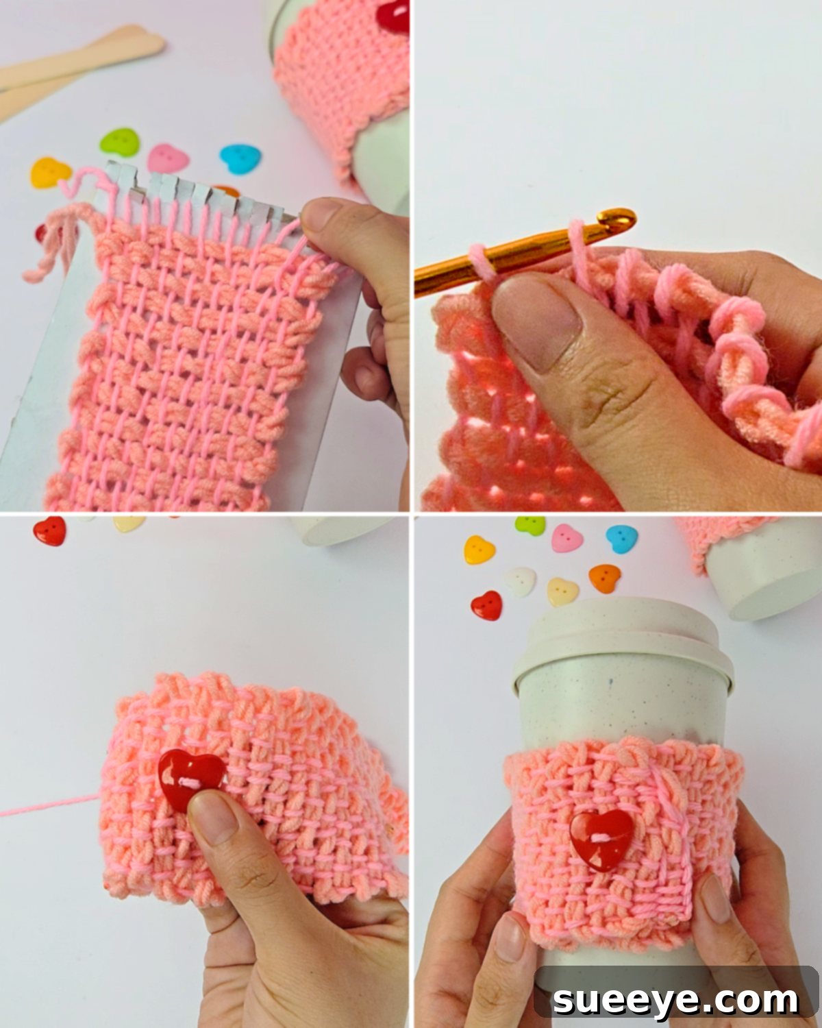 Finishing touches for a cute yarn mug cozy