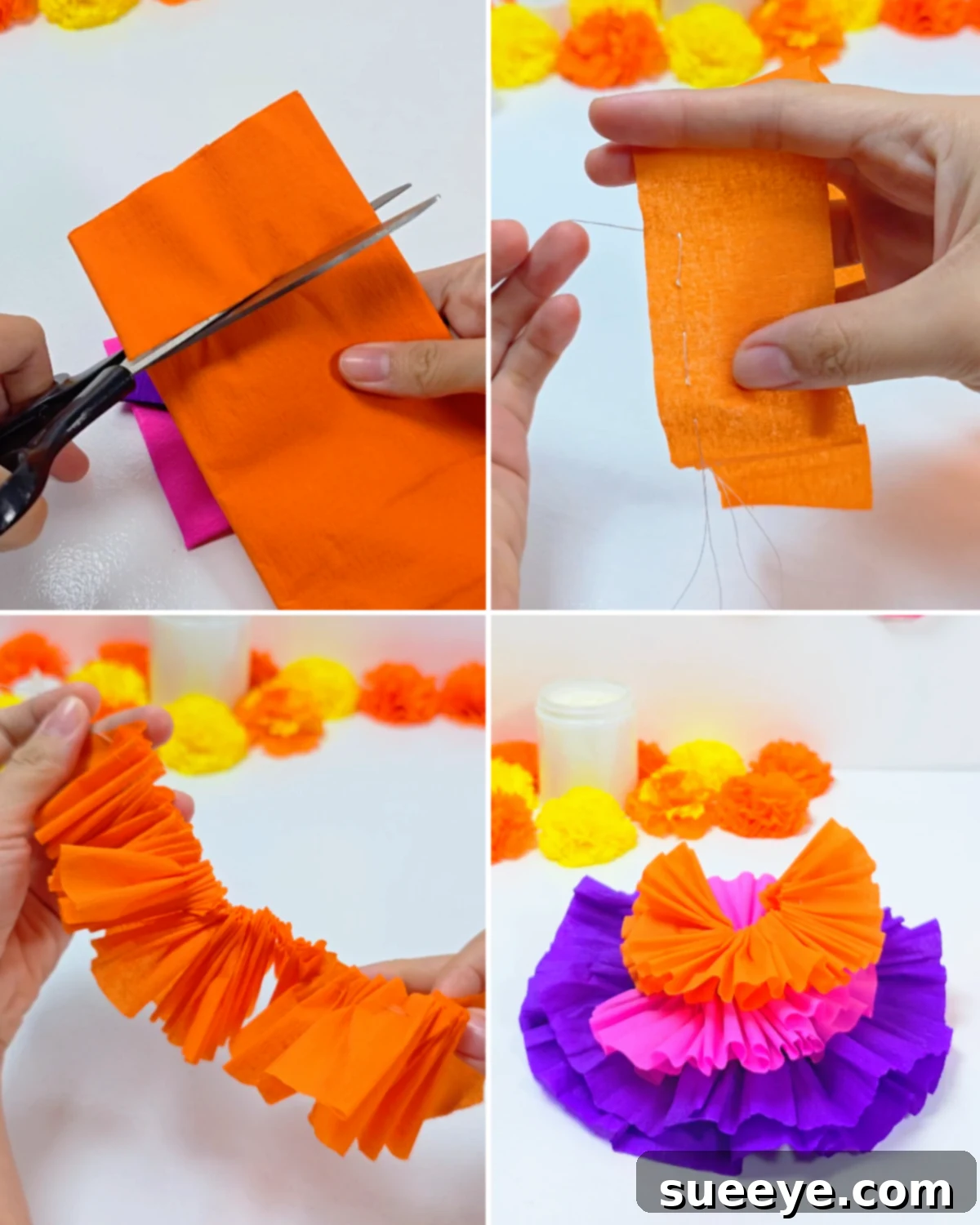 Craft a La Catrina from a Coca-Cola Bottle 3 DIY La Catrina Using a Bottle - Preparing the ruffled crepe paper skirt sections