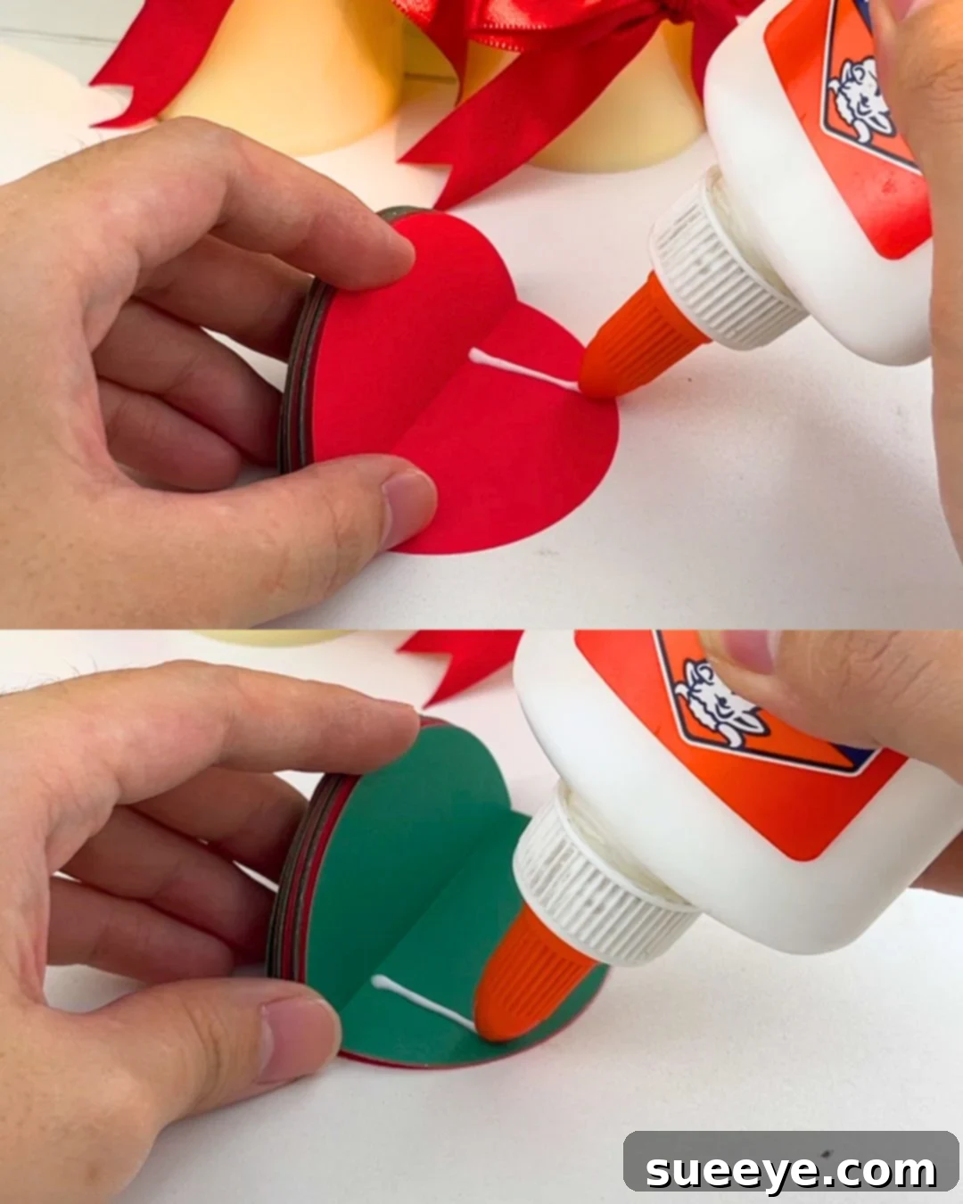 Make Easy Paper Christmas Ornaments 6 Paper Christmas Decorations - Applying a horizontal strip of glue to a folded paper piece.