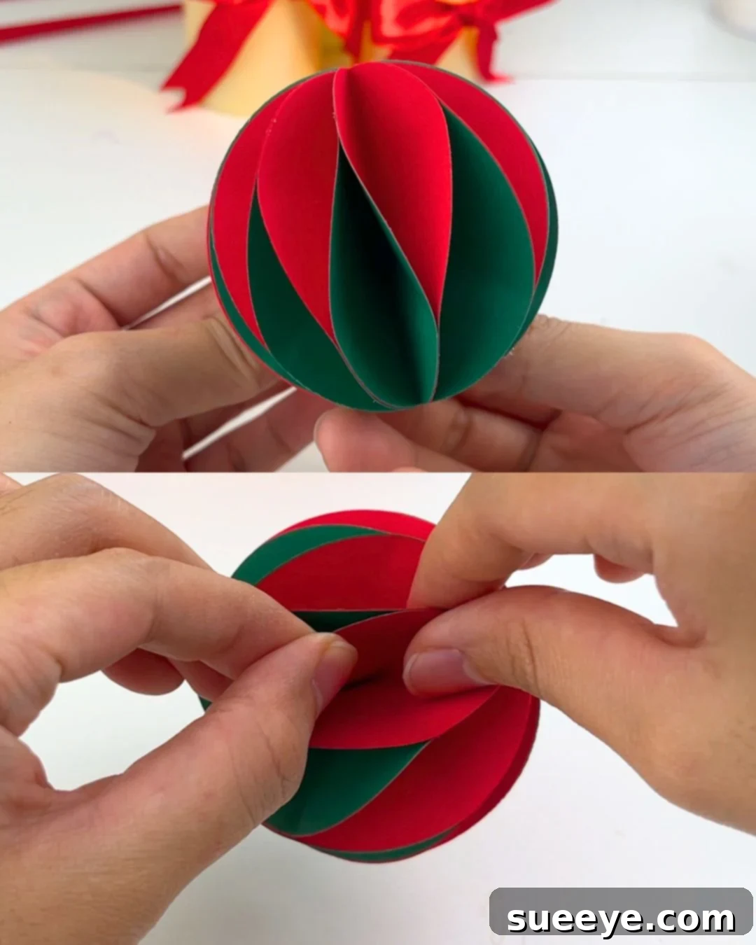 Make Easy Paper Christmas Ornaments 7 Easy Paper Christmas Ornaments - Gluing the ends of the paper stack to form a sphere.