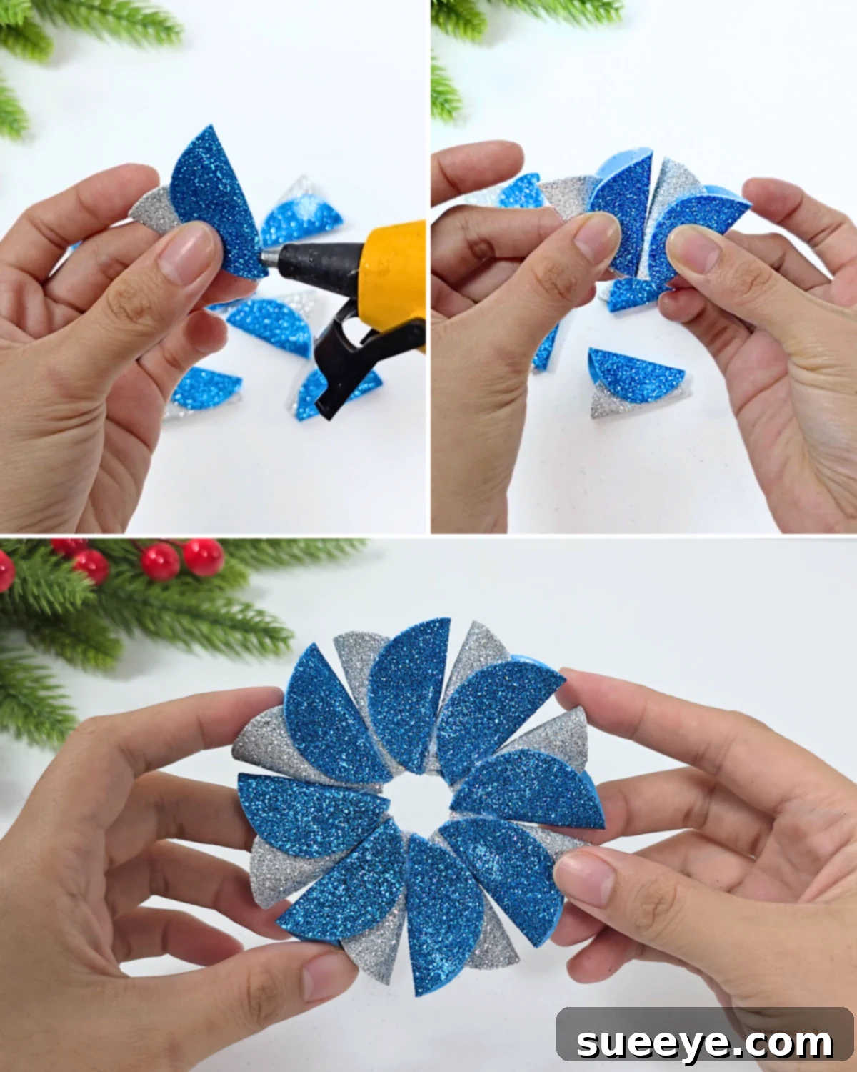 Craft Dazzling Glitter Foam Christmas Ornaments 6 Budget-Friendly DIY Glitter Foam Ornament Craft: Gluing petals together to form a flower