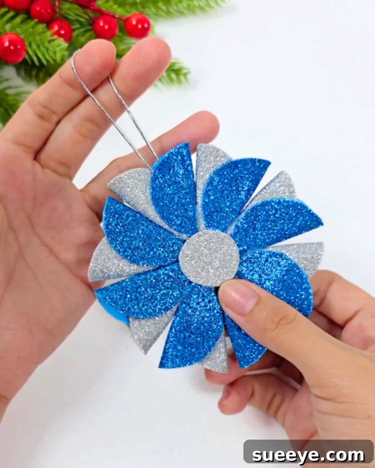 Craft Dazzling Glitter Foam Christmas Ornaments 7 Step-by-Step Glitter Foam Ornament: Attaching string hanger and center circles
