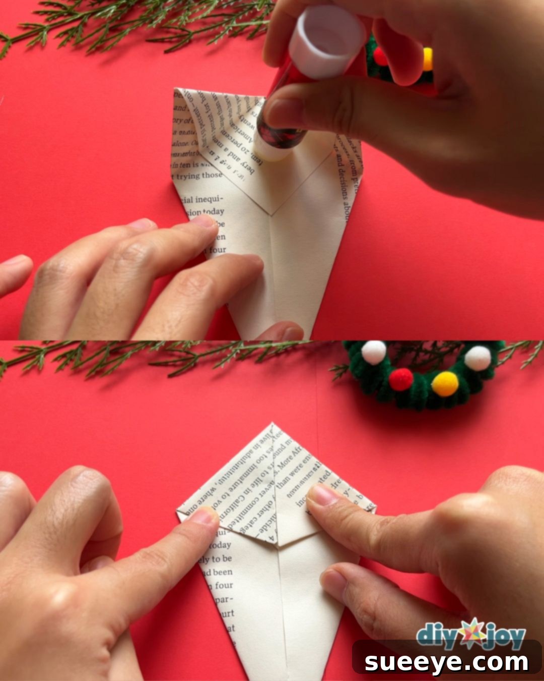 DIY holiday decor step 4: securing folds with glue