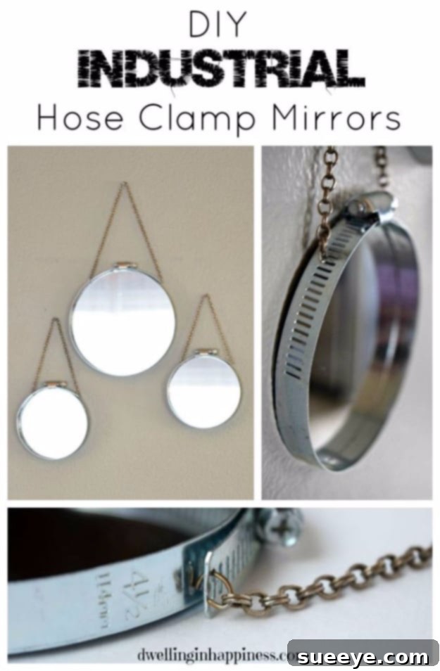 DIY Industrial Hose Clamp Mirrors - Edgy Decor DIY industrial hose clamp mirrors, a unique metallic decor idea