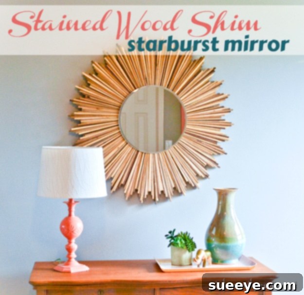 DIY Stained Wood Shim Starburst Mirror - Mid-Century Chic DIY stained wood shim starburst mirror for elegant, mid-century modern decor