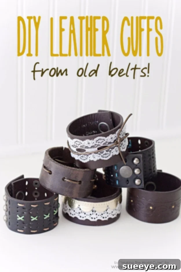 DIY Leather Cuff Bracelets from Old Belts Creative DIY Leather Cuffs crafted from old belts, adorned with lace, lacing, or studs, making stylish and cost-effective handmade gifts.