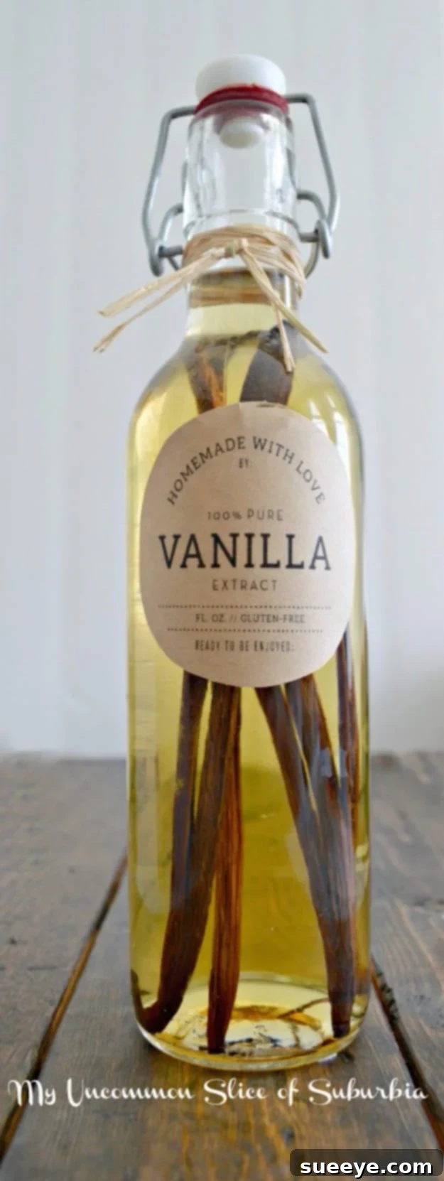 DIY Homemade Vanilla Extract Gift Gourmet Homemade Vanilla Extract, a delightful and practical DIY gift for bakers and foodies, presented in an elegant bottle.