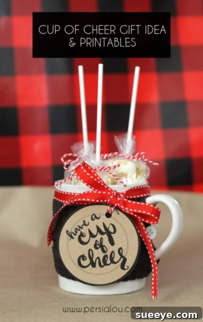 DIY Cup of Cheer Gift Basket Charming 'Cup of Cheer' gift basket, a cozy and festive DIY present for friends and neighbors, perfect for spreading holiday warmth.