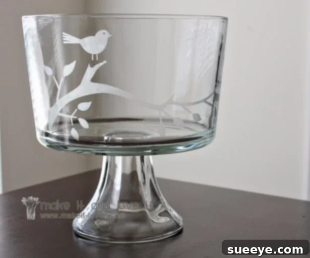 DIY Glass Etched Trifle Bowl Gift Elegant DIY Glass Etched Trifle Bowl, a sophisticated handmade gift for entertainers or those who love to bake and present desserts.