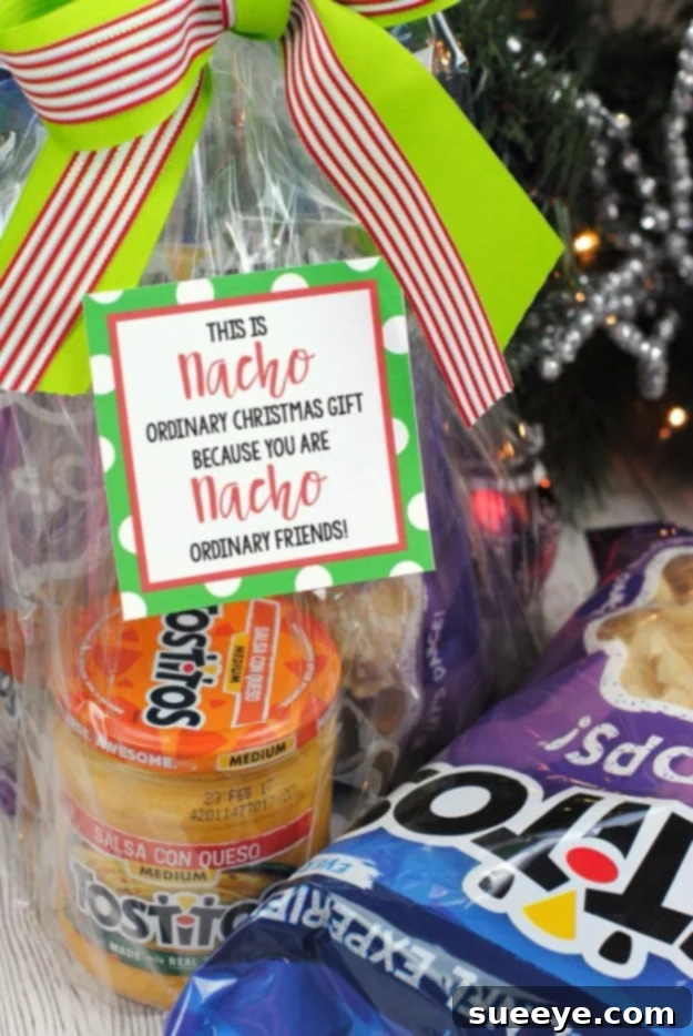 Nacho Neighbor Christmas Gift Idea Funny 'Nacho Average Neighbor' gift basket, a creative and easy Christmas gift idea for neighbors, filled with nacho essentials for a fun surprise.