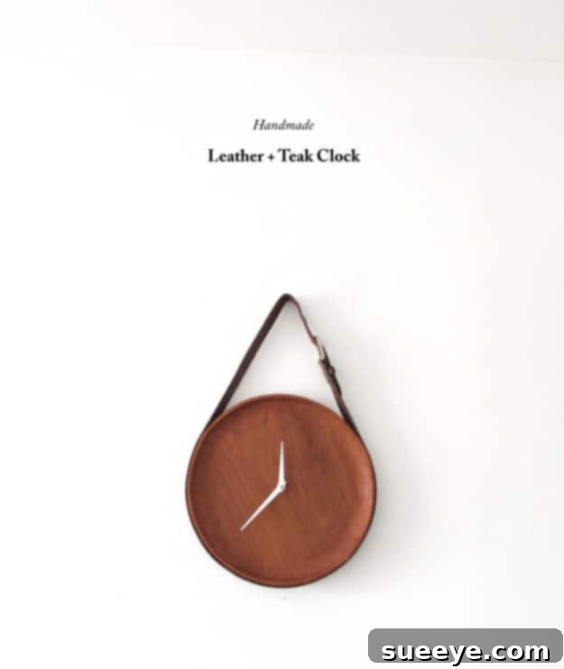 DIY Leather and Teak Clock Gift Elegant Handmade Leather and Teak Clock, a sophisticated and unique DIY home decor gift blending natural materials for a modern aesthetic.