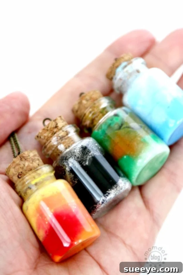 DIY Element Jar Necklace for Nerdy Friends Unique Element Jar Necklace, a quirky and thoughtful DIY gift for nerdy friends or science enthusiasts, featuring tiny element samples.