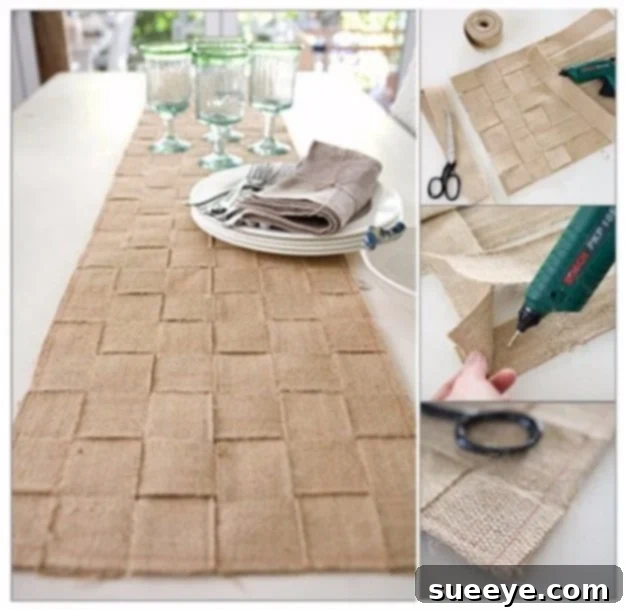 DIY Basket Weave Burlap Table Runner Rustic DIY Basket Weave Burlap Table Runner, a charming handmade gift for home decor, perfect for adding texture to dining tables.