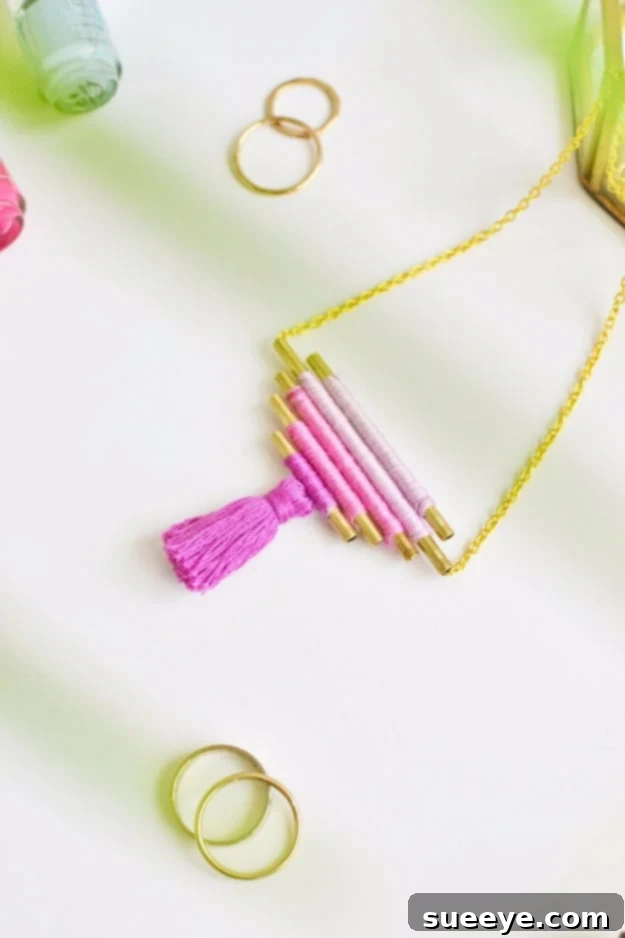 DIY Ombre Necklace Gift for Her Stylish DIY Ombre Tassel Necklace, a unique handmade gift for her, featuring brass tubes and embroidery thread with a gradual color blend.