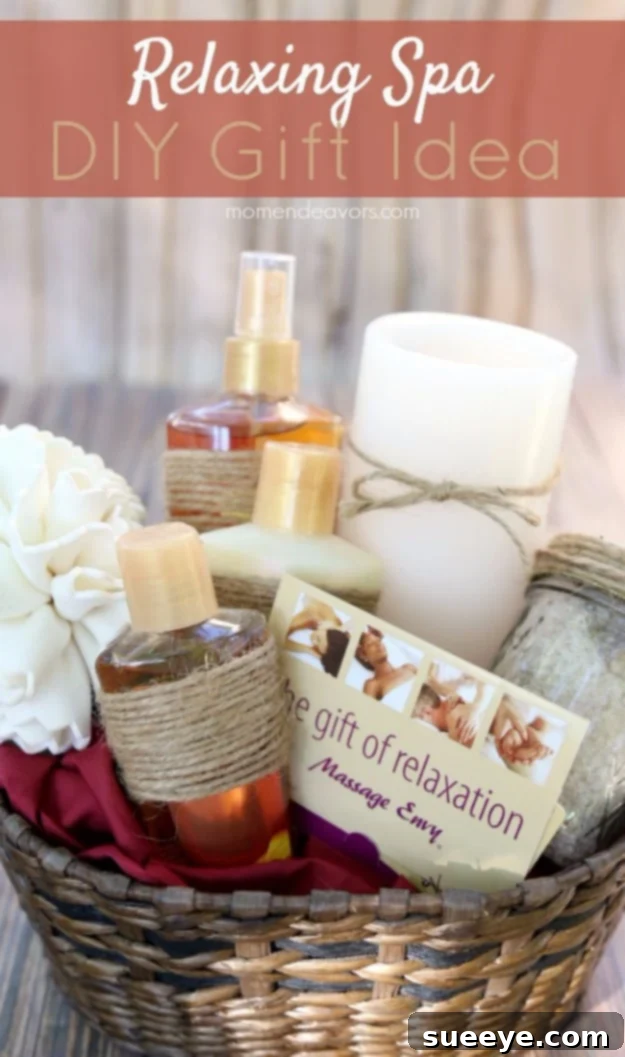 DIY Relaxing Spa Gift Basket Luxurious DIY Relaxing Spa Gift, a thoughtful homemade present for friends, filled with bath bombs, scrubs, and lotions for pampering.