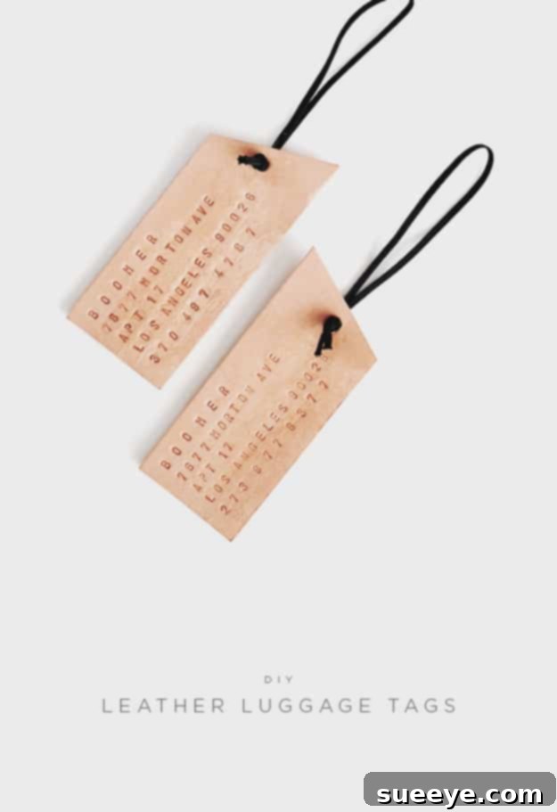 DIY Personalized Leather Luggage Tags Chic DIY Leather Luggage Tags, personalized with stamped names, make a sophisticated and practical gift for travelers or friends.