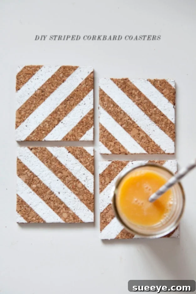 DIY Striped Corkboard Coasters Gift Practical and cheap DIY Striped Corkboard Coasters, an effortless handmade gift for friends, ideal for protecting surfaces with a touch of personal style.