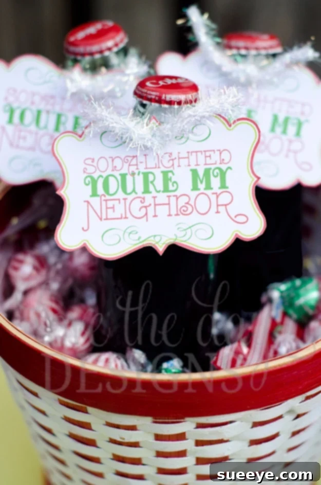 Soda-Lighted Neighbor Christmas Gift Cute 'Soda-Lighted You're My Neighbor' gift basket featuring classic Coke bottles, candies, and a festive printable tag for Christmas.