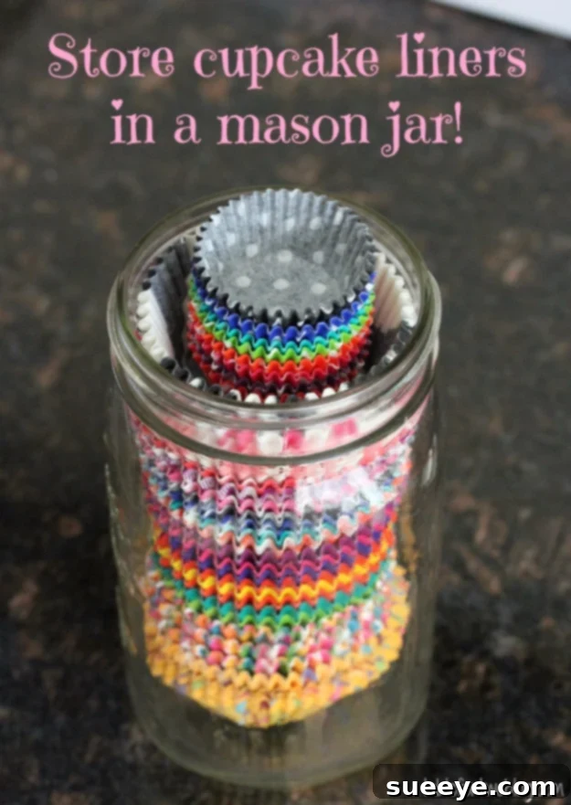 Organized storage for cupcake liners in a mason jar