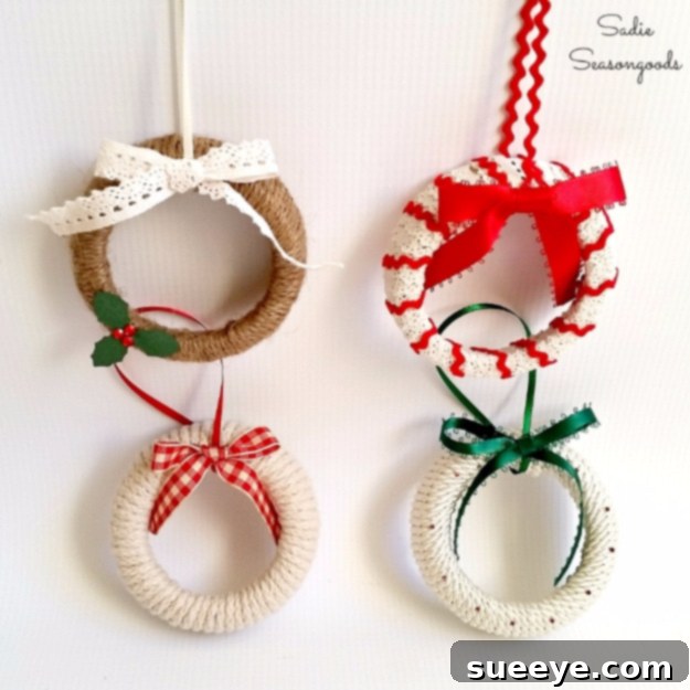 Creative mason jar lid ornaments fashioned into mini wreaths
