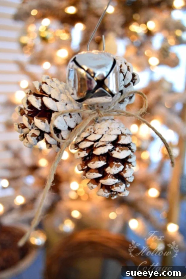 Jingle bell pinecone ornament, combining natural and festive elements