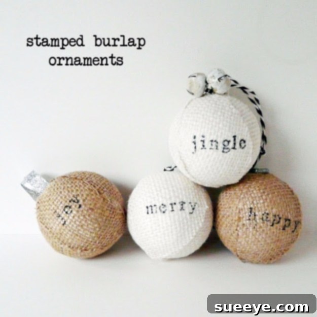 Rustic stamped burlap ornaments with festive holiday designs