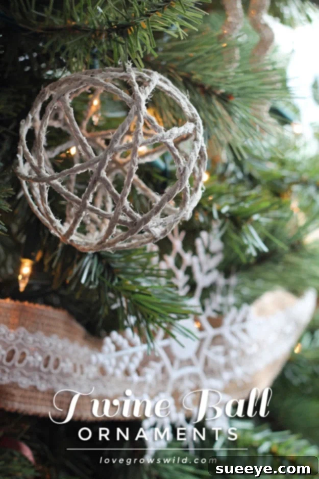 Textured twine ball ornaments for a natural and rustic Christmas tree