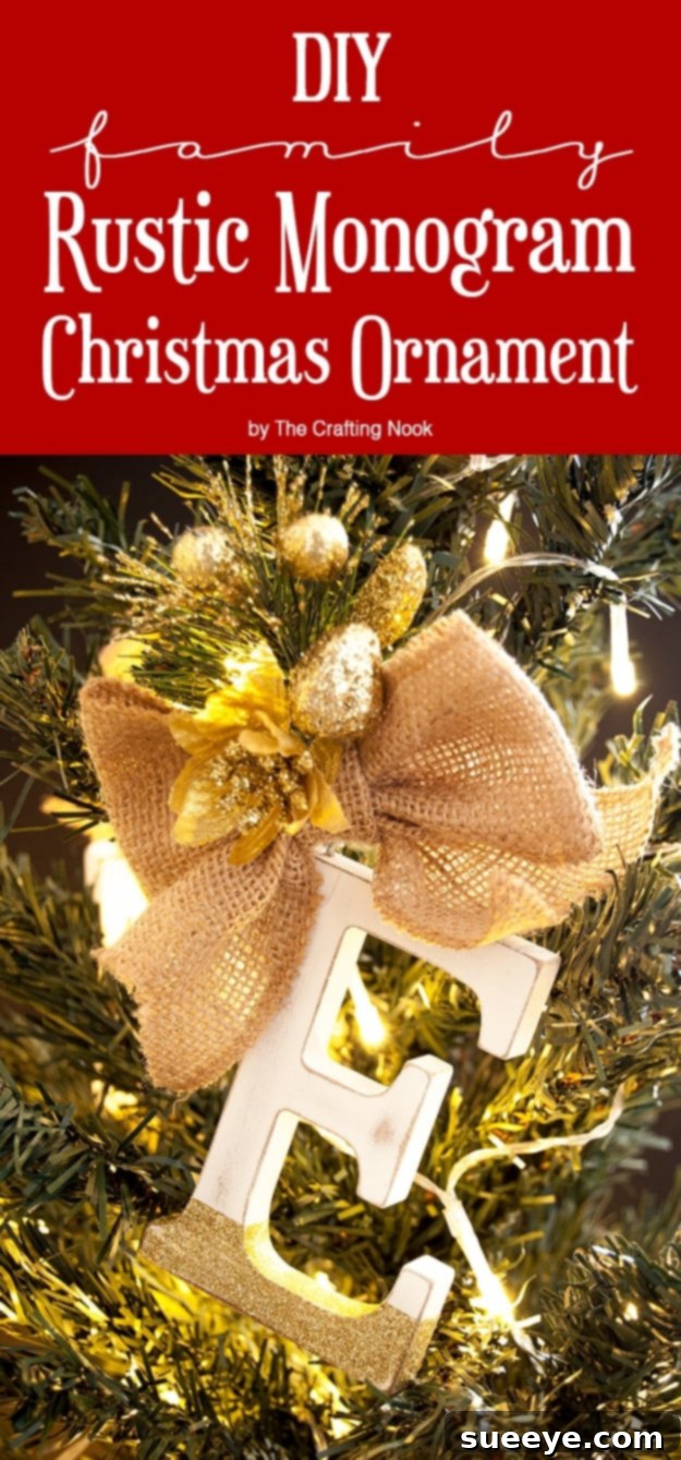 Rustic wooden monogram ornament with family initial and festive accents
