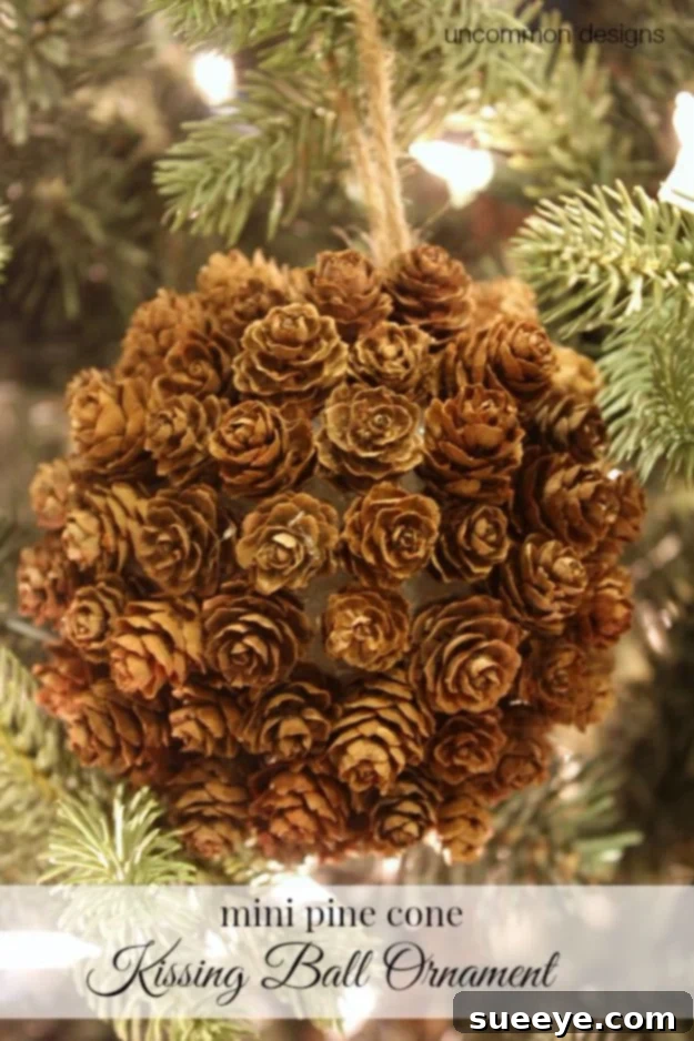 Charming mini pinecone kissing ball ornament, perfect for a natural look