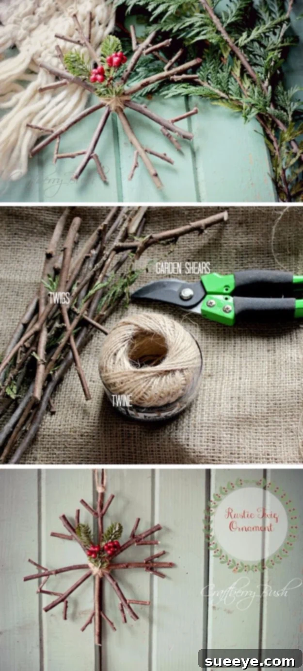 Handmade rustic twig snowflake ornament, an eco-friendly winter decoration
