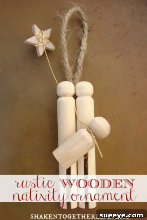 Handcrafted rustic wooden nativity ornament, symbolizing the Christmas story