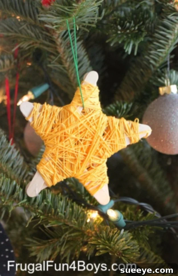 Colorful popsicle stick star Christmas ornaments, a fun craft for kids