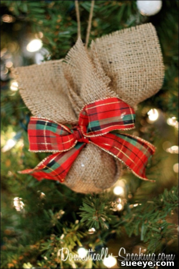 Rustic burlap and plaid Christmas ornament for a cozy farmhouse look