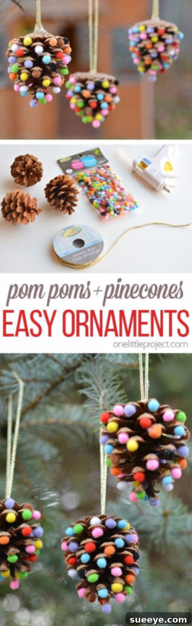 Whimsical pom-poms and pinecones Christmas ornaments, fun and colorful