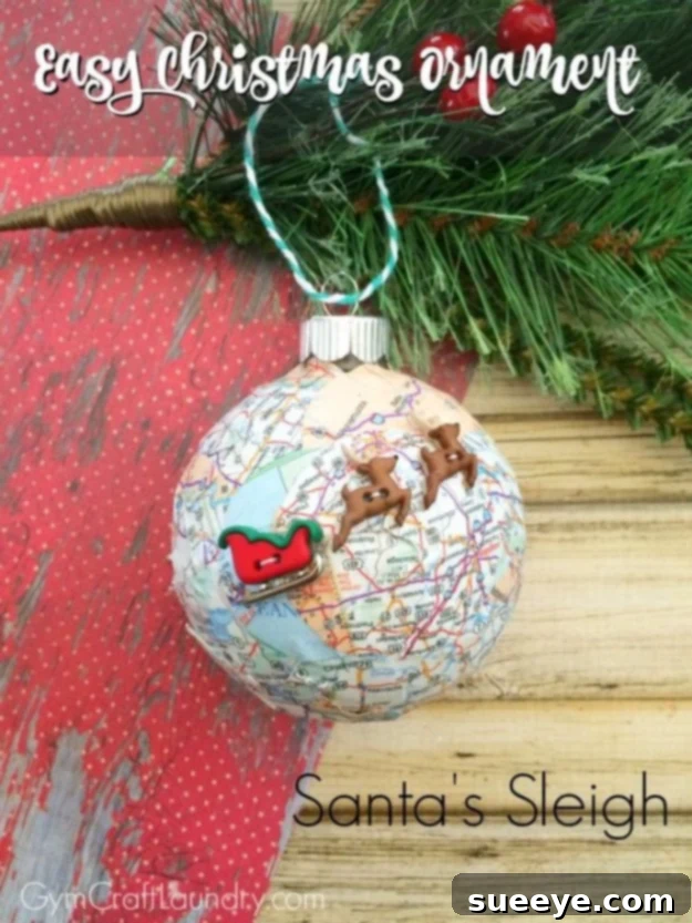 Creative decoupage Santa's sleigh map ornament for a travel-themed Christmas