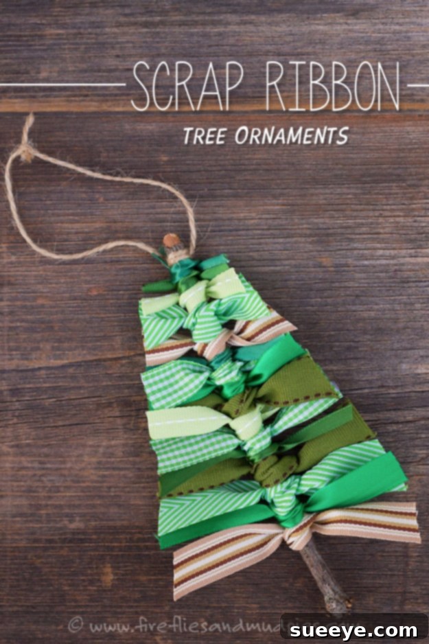 Handmade scrap ribbon tree ornament with green and brown ribbons