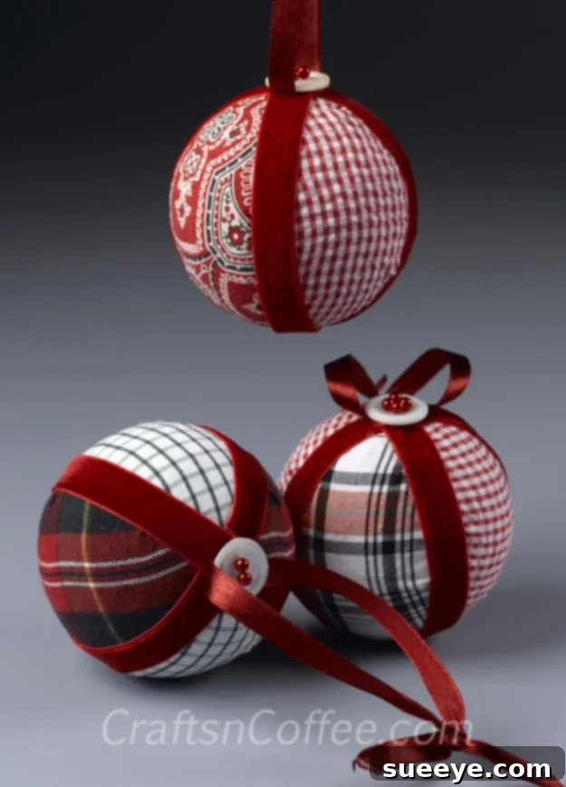 Simple no-sew fabric Christmas ornament made from an old shirt