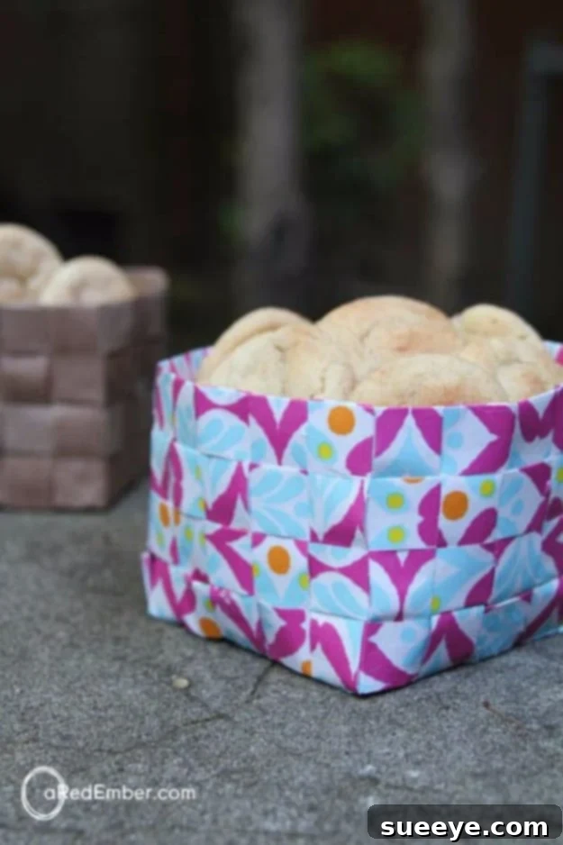 Small, decorative baskets woven or folded from strips of colorful leftover wrapping paper.