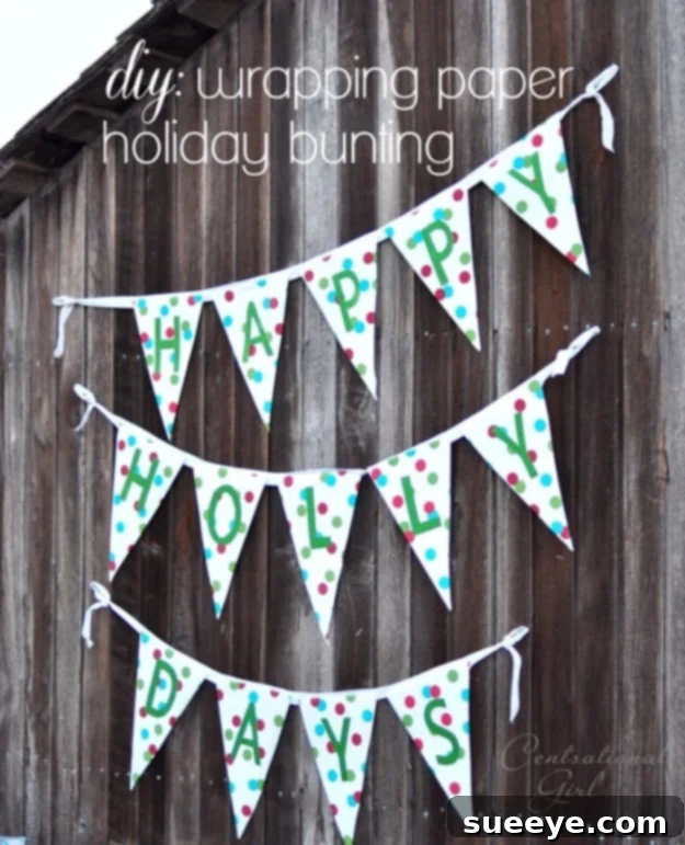 Colorful bunting banner made from triangular flags of assorted leftover wrapping paper, ideal for party decorations.