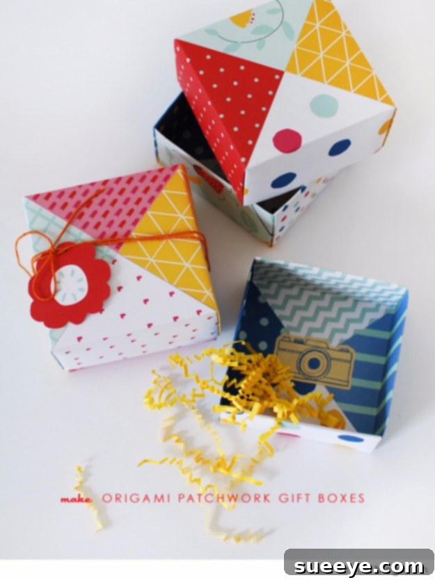 Handmade patchwork origami gift boxes using assorted leftover wrapping paper patterns, ideal for unique gifts.